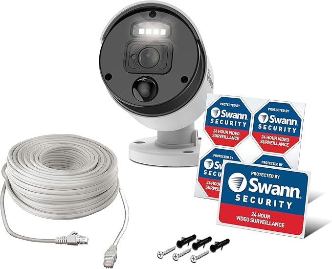 Swann NVR Add-On Security Camera for Wired PoE NVR CCTV Recorders, 4K Ultra HD Video, Indoor/Outdoor Surveillance, Sensor Lights, Color Night Vision, Heat & Motion Detection, 875WLB