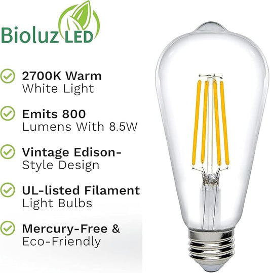 Bioluz Dimmable Warm Edison Light Bulbs - 800 Lumen Warm White 2700K LED Replacement for Incandescent Light Bulbs - 18-Pack Vintage Warm Light Bulbs for Dimmable Light Fixtures