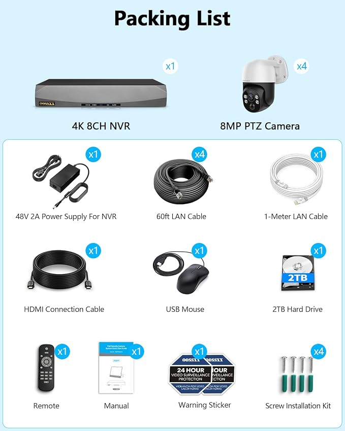 (2026 New) 4K PTZ PoE Wired Security Camera System Outdoor Surveillance | 8CH DVR 2TB HDD, 4 Cameras, Remote Control, No Monthly Fee App, AI Human Detection, Audio Mic, IR Night Vision