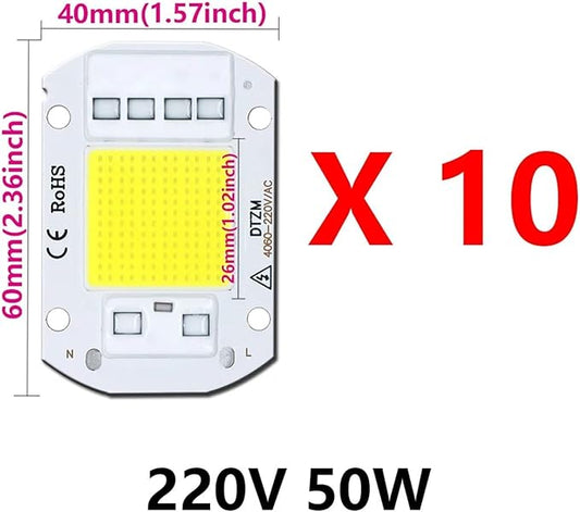 10Pcs 220V LED chip 20W 30W 50W COB chip Smart IC No Driver Required LED lamp Beads for floodlight Spotlight DIY Lighting(Warm White 220V,50W)