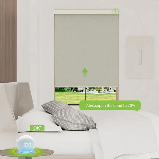Motorized Blinds with Remote,100% Blackout Smart Blinds Motorized Roller Shades Compatible with Alexa Automatic Blinds for Windows Electric Window Blinds Customized Size Frost White Mist