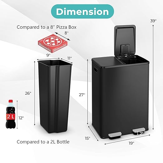 Goplus 16 Gallon/ (2x30L) Stainless Steel Trash Can, Kitchen Trash Bin w/Dual Removable Inner Buckets, Soft Closure & Step-on Pedal, Deodorizer Compartment, Garbage Bin for Recycling, Black