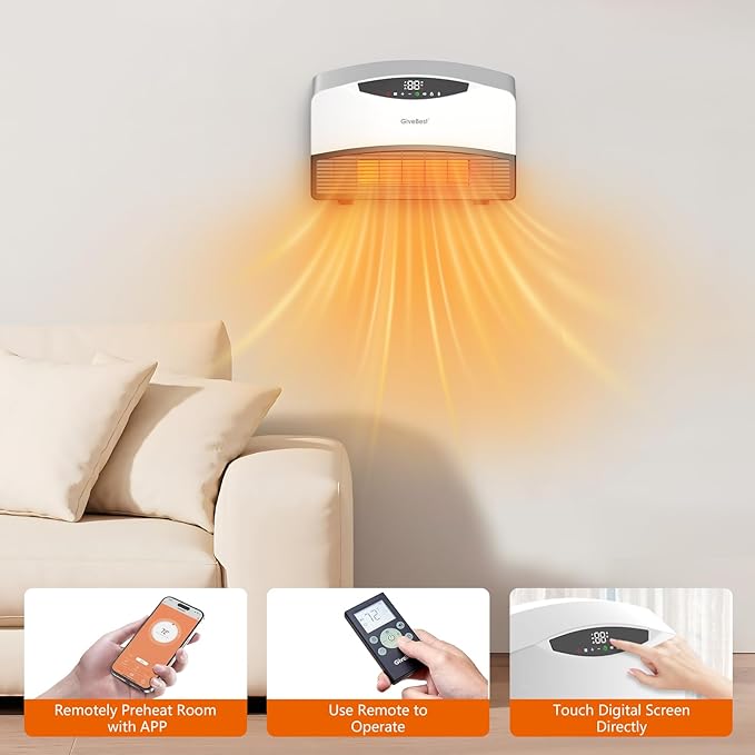 GiveBest Smart Wall Heater, 1500W Electric PTC Space Heaters for Indoor Use, Adjustable Thermostat, Remote Control, Compatible with Alexa, 24H Timer Heat for Bedroom Office Home Garage RV