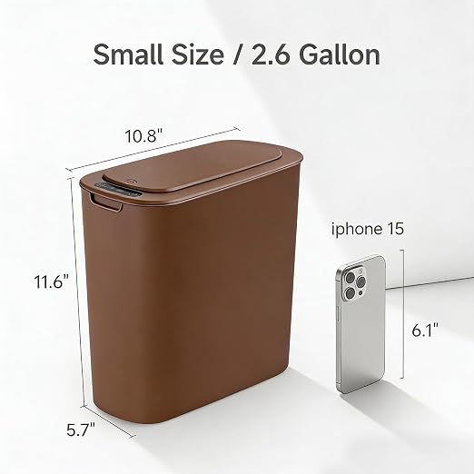 TIPGO Automatic Motion Sensor Bathroom Trash Can with Lid, 2.6 Gallon Touchless Trash Bin, Smart Garbage Can Plastic Slim Wastebasket for Bedroom, Office, Dorm (Brown)