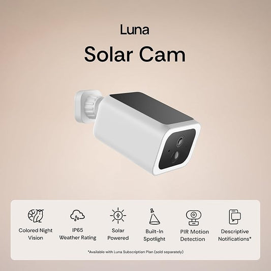 Luna Security Cameras Wireless Outdoor, Battery Camera with Solar Panel, Spotlight, 2.4GHz Wi-Fi, Smart GenAI Human Detection, Cloud Storage, 2K Color Night Vision, IP65 Camera
