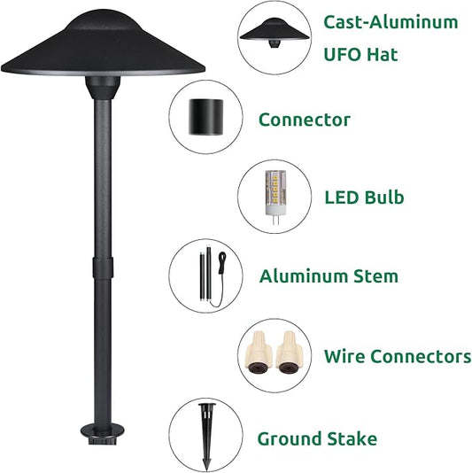 Lumina Lighting® Low Voltage Landscape Lighting Cast-Aluminum Path and Area Light Warm White 3W G4 LED Bulb and ABS Ground Stake Included for Yard Walkway Lawn PAL0108-BkLED10 (Black,10-Pack)