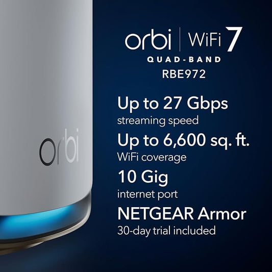 NETGEAR Orbi 970 Series (2026 Release) WiFi 7 Mesh System, 2 Pack | Router + 1 Satellite Extender, up to 6,600 sq ft, 27 Gbps, 200 Devices, Quad-Band, supports 10 Gig Internet plan, RBE972