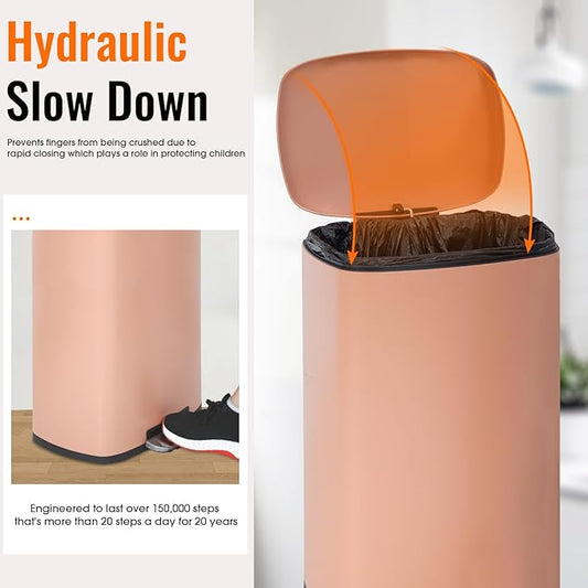 FDW | 13 Gallon Trash Can with Lid | Pink | Fingerprint-Proof | Made of Brushed Stainless Steel | Soft-Close Step Pedal | Hands-Free Use | Easy to Clean | for Kitchen, Office, Bathroom