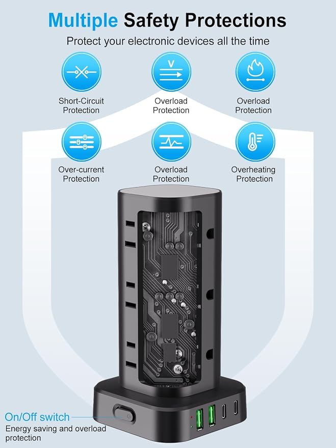Power Strip Tower with Wireless Charger, Flat Plug Surge Protector Tower with 15FT Extension Cord, 12 AC Multiple Outlets, 4 USB (2 USB C),15W Wireless Charging Power Tower for Home Office Dorm, Black