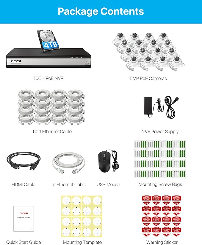 ZOSI 16Channel 4K POE Security Camera System, 16 x 5MP CCTV Metal Dome Camera Outdoor Indoor, 80FT Night Vision, Motion Alert, H.265+ 8MP 16CH NVR with 4TB HDD for Home Business 24/7 Recording
