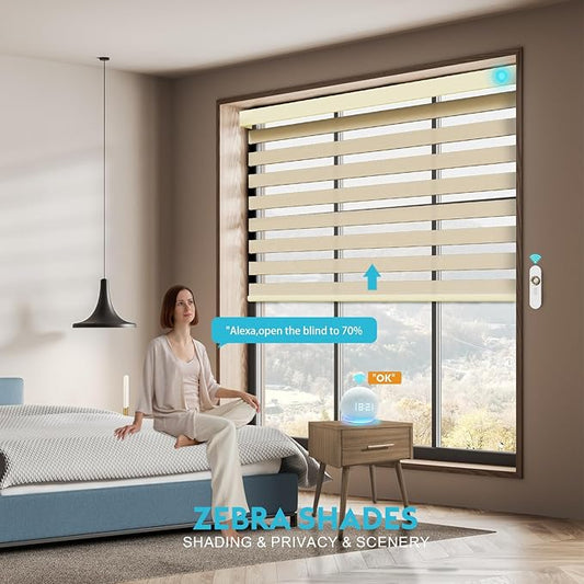 Motorized Zebra Blinds with Remote, Work with HomeKit Alexa, Smart Light Filtering Horizontal Automatic Electric Window Shades for Home Office Customsize(90% Blackout Wide Coffee)