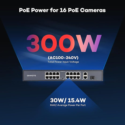 ONWOTE 16 Ports Ethernet PoE Switch @ 300W, 2 x Uplink Gigabit RJ45 Ports, 1 x SFP Slot, Support 4K 8MP 5MP PoE IP Security Cameras, Add-on PoE Injector to PoE NVR System
