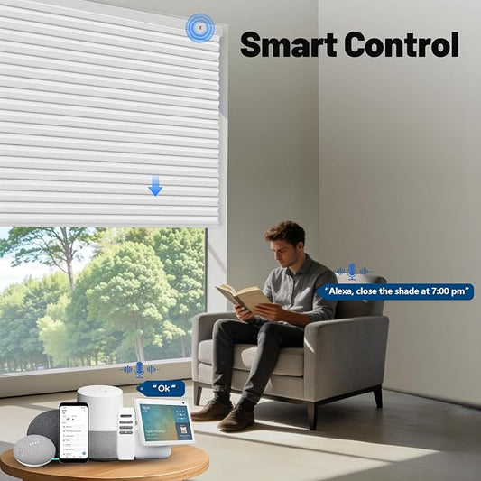 Motorized Cellular Shades with Remote, Smart Cellular Shades Compatible with Apple HomeKit, Alexa & Google Home, Cordless Honeycomb Window Blinds for Indoor Windows, Blackout Crisp White