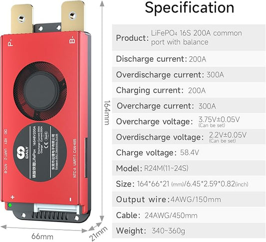 DALY Smart BMS 4S-16S 40A-500A with WiFi Module and CAN 485 Communication Protection Board for LifePO4 Lithium Battery Pack (Smart BMS 16S 48V,200A)