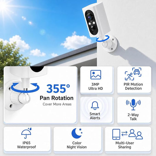 355° Pan Rotate Cameras 2 Pack, 2K Video, Security Cameras Wireless Outdoor