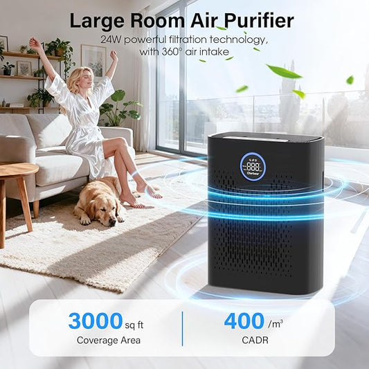Air Purifiers for Home Pets Up to 3000Ft², HEPA Large Room Air Purifier with PM2.5 Air Quality Monitor, Sleep Mode, Air Purifiers for Bedroom Office for Allergies, Smoke, Dust, Pollen,8000B,Black