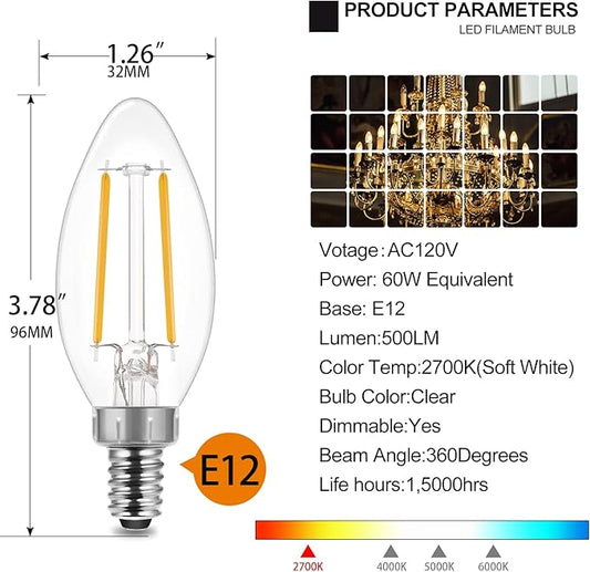 E ENERGETIC LIGHTING LED B10 Candelabra Light Bulbs 60W Equivalent, Soft White 2700K, 500 Lumen, E12 Base, Chandelier LED Edison Bulbs, Dimmable, 8 Pack
