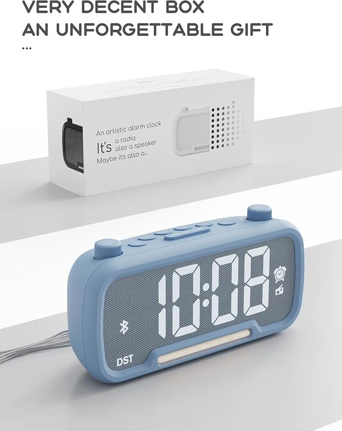 ROCAM Alarm Clock Radio for Bedrooms with Bluetooth Speaker, Auto-Off Timer, Dimmer, Battery Backup, Loud Alarm Clock for Heavy Sleepers with USB Ports Night