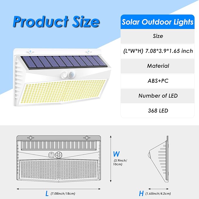 4 Pack 368 LED Solar Lights Outdoor Motion Sensor, Solar Fence Light with 3 Lighting Modes, Solar Powered Security Lights Waterproof for Outside Yard Wall Garden Backyard,White