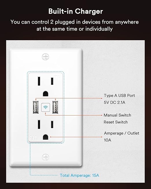 Lumary Smart Outlet, 2 USB Ports & 2 Plugs, 15 Amp WiFi USB Outlet Works with Alexa Google Home, ETL FCC Certified, Timer, Tamper-Resistant, 4Pack