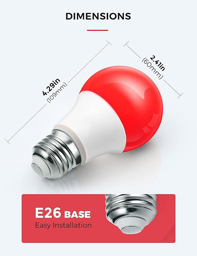 L LOHAS LED Red Light Bulbs Outdoor, Dusk to Dawn Sensor A19 Porch Lights 40W Equivalent, 6W Colored Bulb, Auto-On/Off E26 Base for Christmas, Party, Wedding, Patio, Backyard - 4 Pack