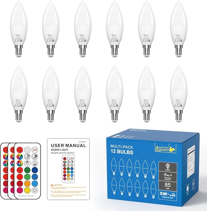 E12 LED Bulb Color Changing Candelabra Light Bulb with Remote Control, 50W Incandescent Equivalent, 560 Lumen,Cool White 5000K + 12 Colors, 5W E12 Small Base, Decorative Chandelier Light Bulb, 12 Pack