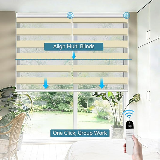 Interior Window Shades, Smart Dual Layer Light Filtering Blinds Compatible with Alexa & Google Home, Customized Size Cordless Electric Window Shades, (Beige, 70% Blackout)