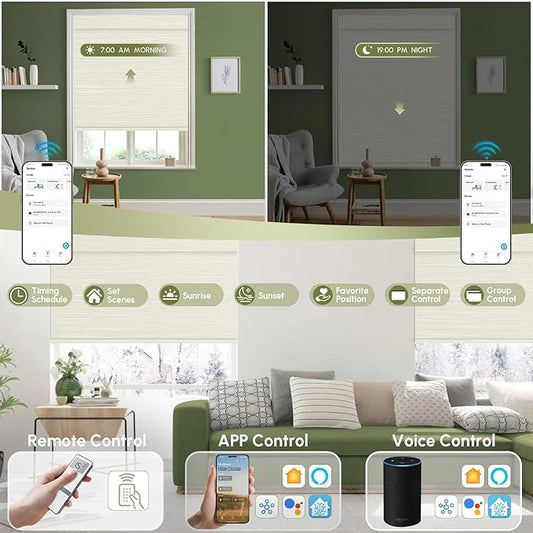 FineTell Motorized Blinds with Remote, 100% Blackout Roller Shades Compatible with Alexa,Apple Homekit,Google Home APP and Voice Control, Customized Electric Blinds (100% Blackout Dreamy Warm)