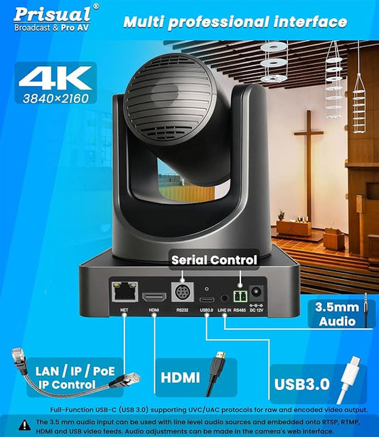 Prisual 4K HDMI/IP/USB PTZ Camera 20X, Advanced PTZ Auto Tracking Camera, 1/1.8”4K UHD 30P with Built-in Tally Light for Church Conference Events, PoE, PT20X-4K (NDI upgradable)