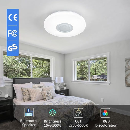 LED Ceiling Light Fixture,with Bluetooth Speaker,15.15 Inch 40W, 2700K-6500K Dimmable Music Lamp,RGB Color Changing Light with Remote Control,for bedrooms, Living Rooms-ASALL001-40