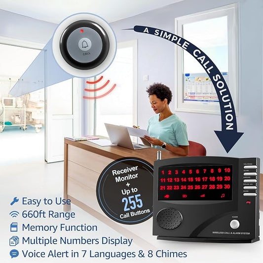 Wireless Calling System Nurse Call System Caregiver Pager for Restaurant Clinic Nursing Home 7 Languages 8 Alert Tones, 10 Call Buttons and 1 Monitoring Unit for Patients Seniors Customer