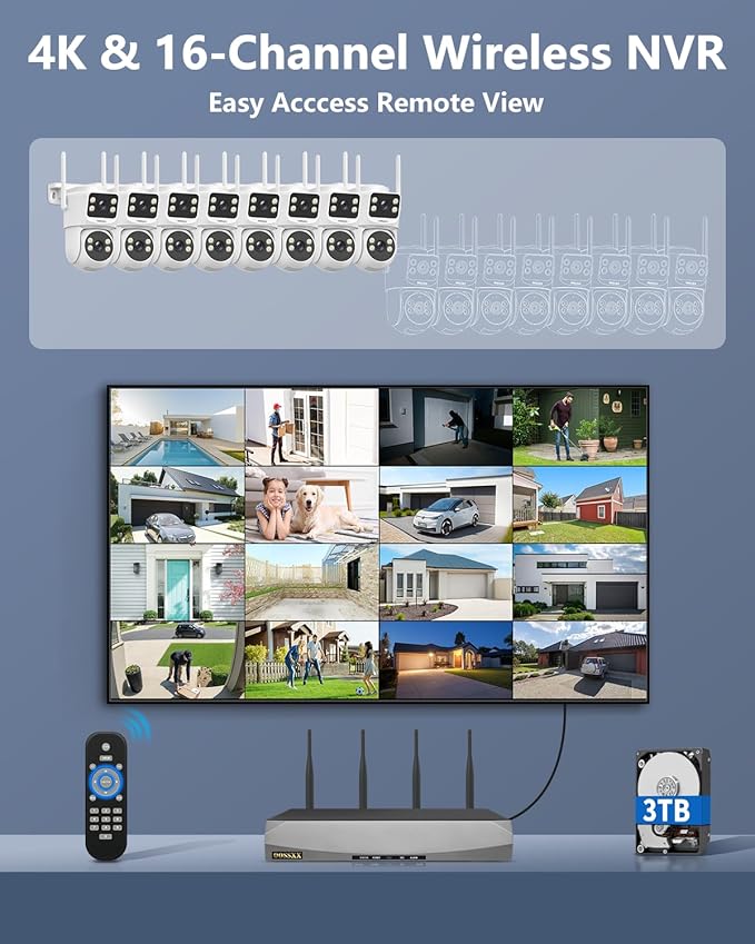 OOSSXX 2K Dual Lens PT Wireless Security Camera System, 2 Cameras in 1, 130° Wide Angle, Long Range WiFi +76%, PIR Human Detection, 2-Way Audio, 16CH NVR, No Monthly Fee