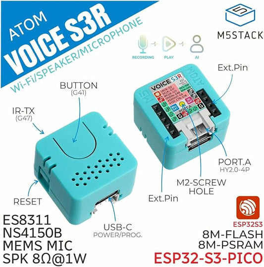M5Stack Atom VoiceS3R Smart Speaker Dev Kit, ESP32-S3, 8MB Flash & 8MB RAM, Dual Core 240MHz, Wi-Fi, Microphone, Amplifier, New Atom Echo for 2026!