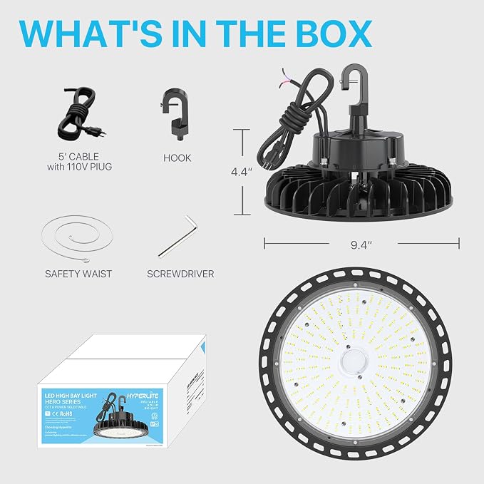 HYPERLITE UFO LED High Bay Light: 100W 14,500LM (145LM/W) 1-10V Dimmable, UL Listed 4000K High Bay LED Light for Factory Work Shop Garage, Alternative to 450W MH/HPS, 5-Year WNTY