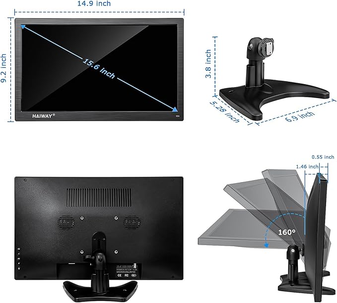 Haiway 15.6 inch Small Computer Monitor, High Resolution 1920x1080P Small hdmi Monitor with HDMI/VGA/BNC/AV/USB Port for PC, Laptop, CCTV Security Monitors with Remote Control, Built-in Speakers