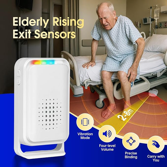 Wireless Motion Sensor Bed Alarm for Elderly - Fall Prevention System for Dementia Patients & Seniors - Caregiver Pager with 5 Volume Levels for Home Safety (1 Caregiver Pager+1 Sensor)