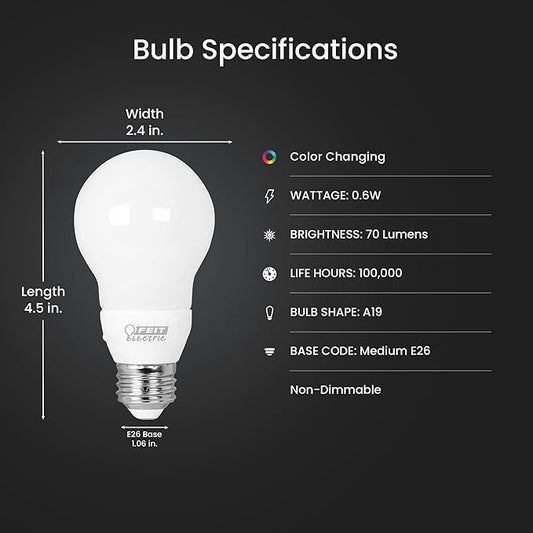 Feit Electric A19 LED Color Changing Bulb, 6 Fun Effects, Smooth Transitions & Flashing Modes, 100,000 Hours Lifespan, Ideal Indoor & Outdoor Party Lighting, A19/LED/PARTY