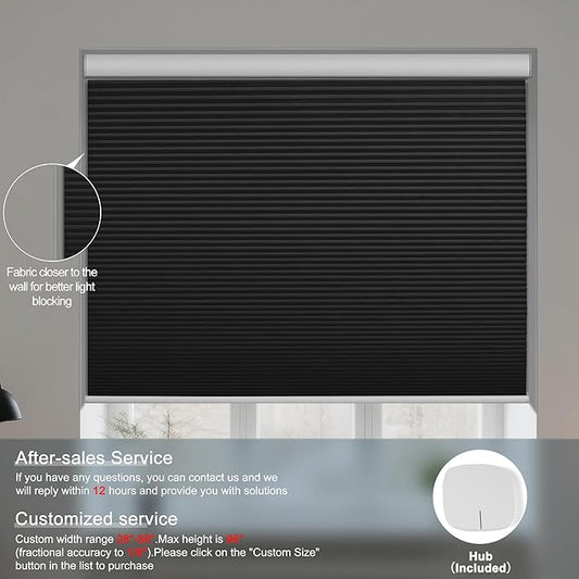 BERISSA Motorized Cellular Shades, Blackout Smart Honeycomb Blinds with Remote Control & Hub, Custom Room Darkening Automatic Cellular Window Blinds for Home Office, Living Room, Door,Black