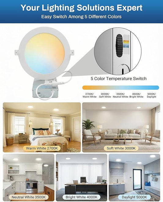 LEDYOND 6-Pack 6 Inch Canless LED Recessed Lighting with Iron Junction Box, 1200LM Slim Wafer Light, 5CCT 2700K-5000K Selectable, CRI 90+, Dimmable Metal Trim Retrofit Ceiling Light, Energy Star &ETL
