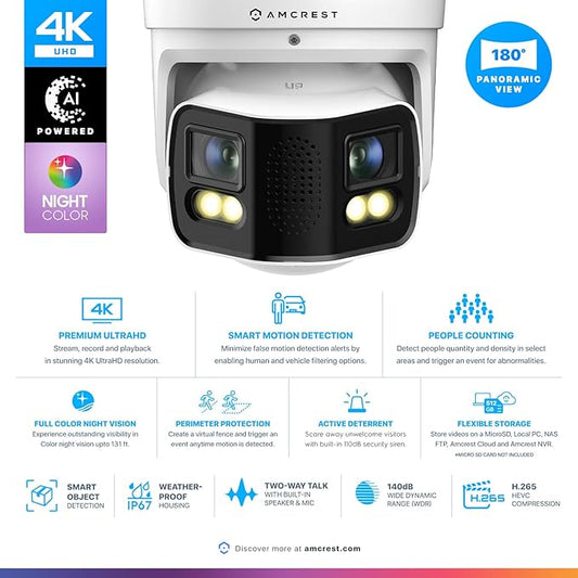 Amcrest Dual-Lens 4K (8MP) Outdoor Security POE Camera, 2 x 4MP Lenses PoE AI Turret IP Camera, 131ft Night Color, Human/Vehicle Detection, Panoramic 180° FOV, 2 x 4MP@25fps IP8M-FCT2999EW-AI (White)