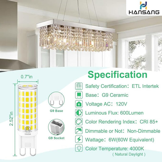 G9 LED Bulb 6W(60W Halogen Equivalent), G9 Light Bulb Bi Pin Base, Natural White 4000K G9 Base Bulbs for Chandeliers, 600LM Non-Dimmable No Flicker, 6 Pack