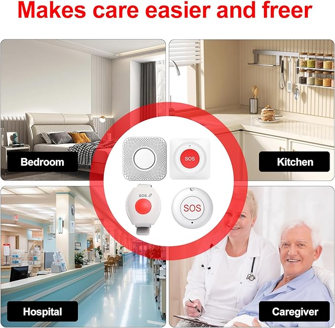 XUK Wireless Caregiver Pager Smart Call System for Elderly Monitoring SOS Alert System Portable Alarm with 1 SOS Call Panic Buttons & 1 Watch Pagers & 1 Square Pull Cord Pagers, 500+Feet 1 Receivers