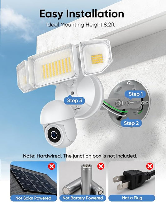 Floodlight Camera Hardwired 6500LM, 2K+ UHD Outdoor Security Camera, 360° Pan & Tilt View, AI Detection & Tracking, 24/7 Recording, Color Night Vision, 5GHz/2.4GHz WiFi, Compatible with Alexa