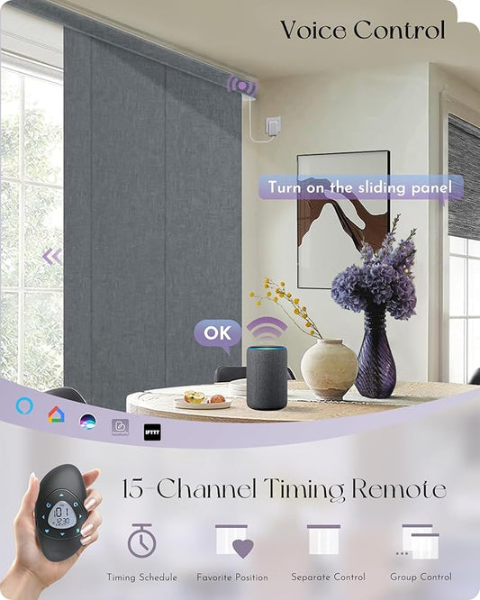 Graywind Motorized Sliding Panels Blackout Compatible with Alexa Google Smart Panel Track Blinds Remote Shades for Patio Sliding Door, Custom Size (Dark Grey)