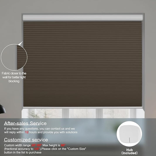 BERISSA Motorized Cellular Shades, Blackout Smart Honeycomb Blinds with Remote Control & Hub, Custom Room Darkening Automatic Cellular Window Blinds for Home Office, Living Room, Door,Brown