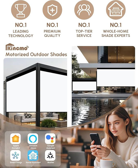 Kincmo Motorized Outdoor Shades for Patio Porch, Custom Outdoor Motorized Blinds with Remote, Waterproof & Windproof Patio Shades Work with Apple Home,Alexa,Google (0% Openness White)