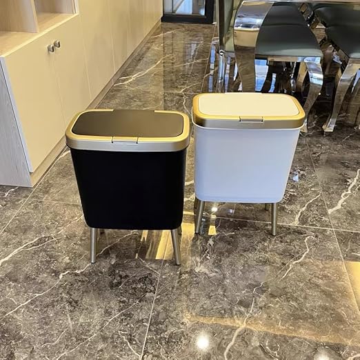 Procade 2Pack Trash Can with Lid, Modern Bedroom Garbage Can with Gold Edge, Slim Kitchen Garbage Bin,4 Gallon Trash Bin Plastic Waste can for Office, Living Room,Toilet,Bathroom (Black+White)