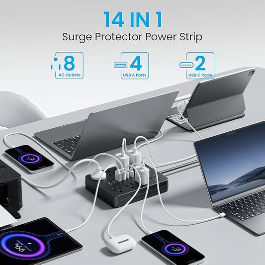 Surge Protector Power Strip, 8 Outlets(1850W/15A/14AWG), 6 USB Charging Ports(2 USB C), 15FT Flat Plug Extension Cord Outlet Extender with Overload Protection, ETL Certified for Office