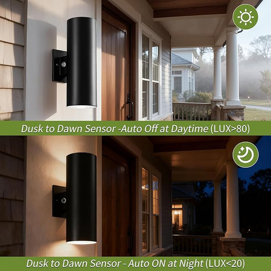 Dusk to Dawn Outdoor Wall Lights, 12'' Up and Down LED Cylinder Exterior Lighting Fixtures, 23W 3000K IP65 Waterproof Wall Sconces for House, Garage, Patio, Porch, Black