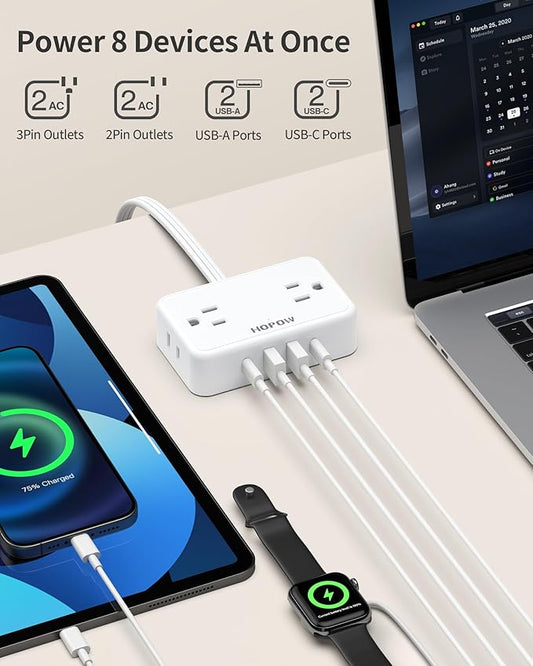 Flat Plug Extension Cord, 6 Ft Ultra Thin Power Strip with 4 AC Wide Spaced Outlets and 4 USB (2 USB-C) Ports, No Surge Protector for Cruise Ship, White Extension Cord for Travel Home Office